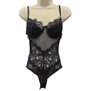 Kaei & shi black sexy frill lace mixed media teddy bodysuit black snap crotch M